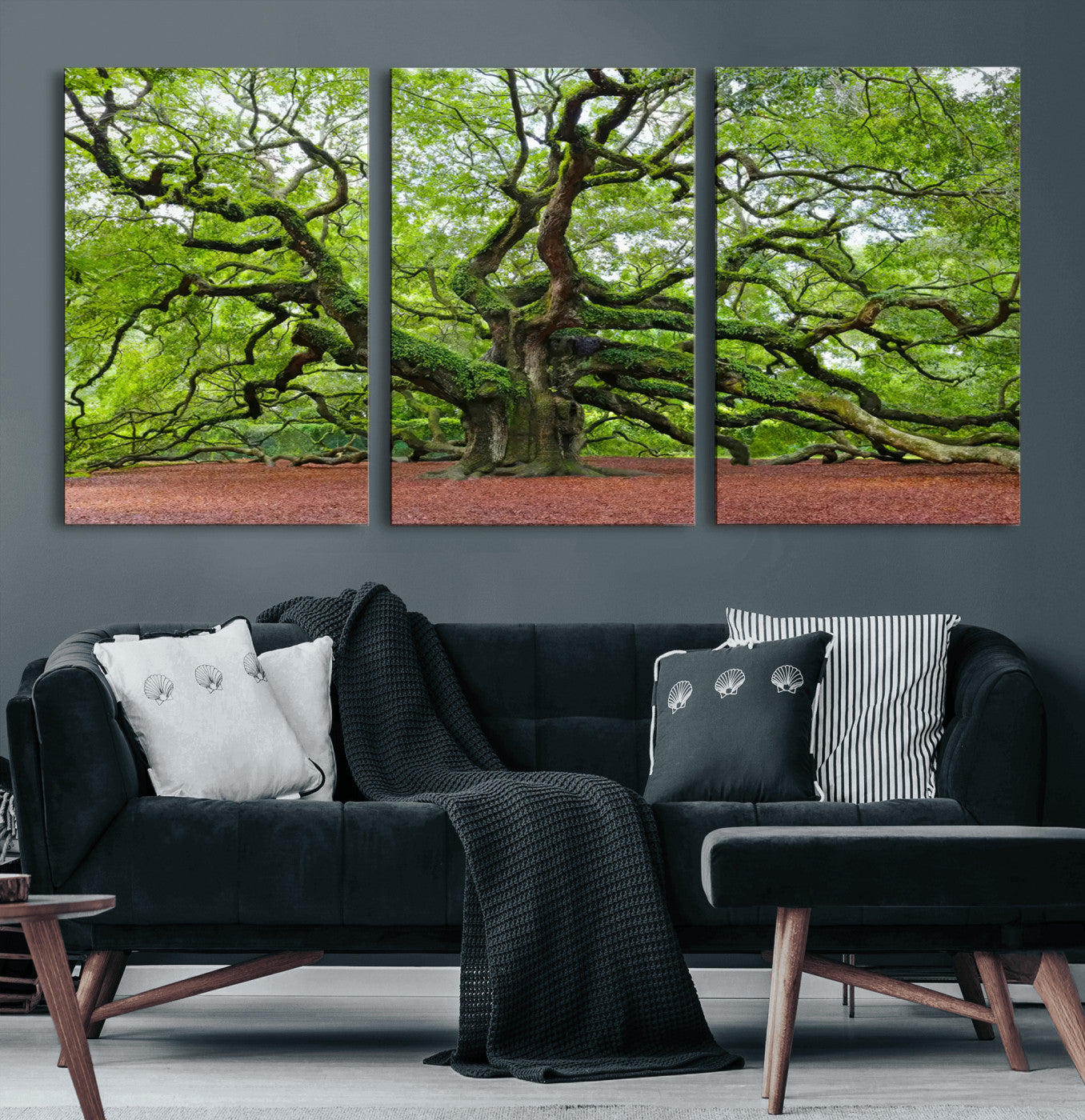 40313-MGV-CV-60X30-3P-Framed Angel Oak Tree Wall Art - 3-Panel Canvas Prints, Large Green Nature Artwork, Ready to Hang