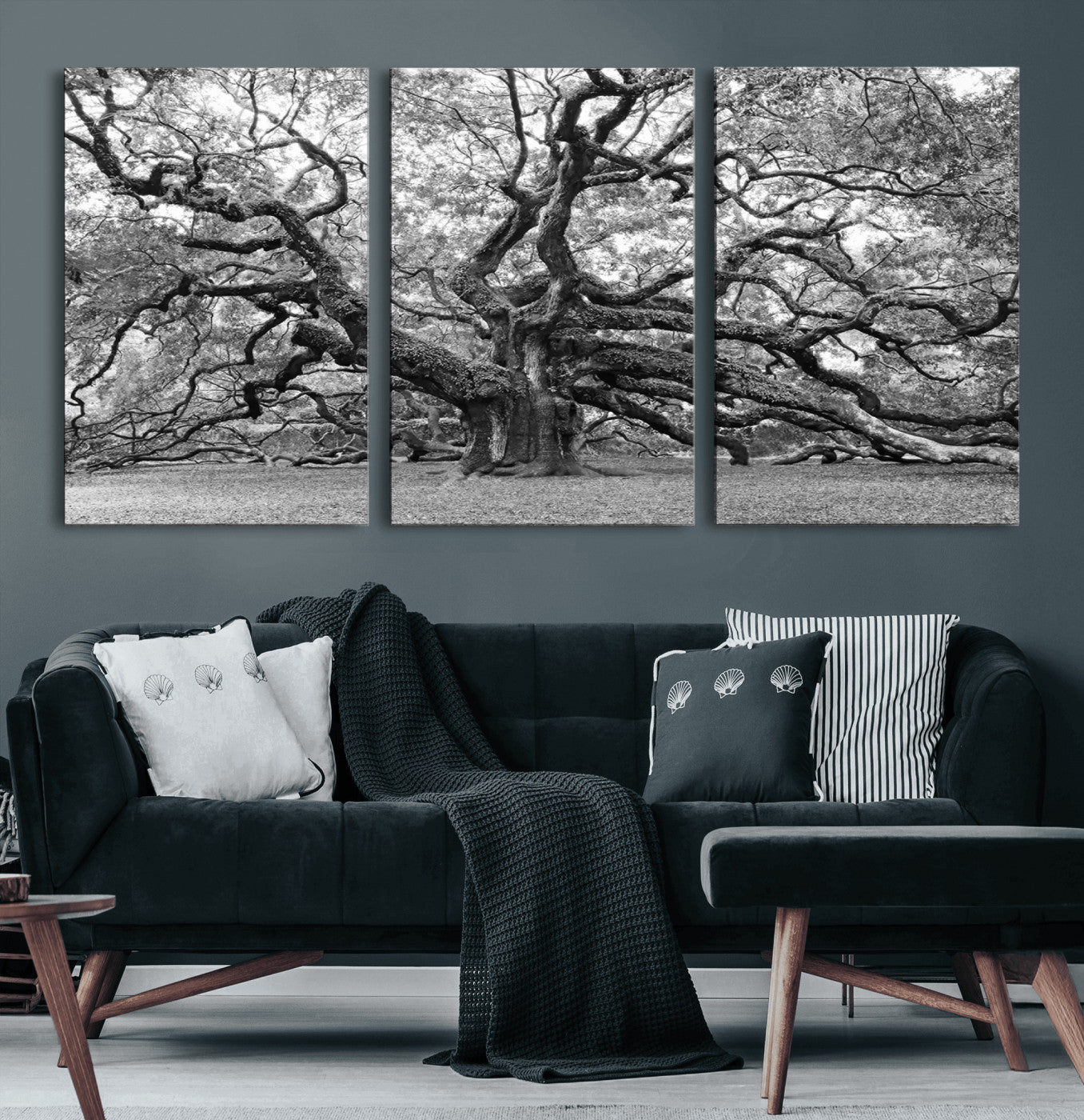 12314-MGV-CV-60X30-3P-Black White Angel Oak Tree Wall Art - Timeless Nature-Inspired Canvas for Rustic, Modern, or