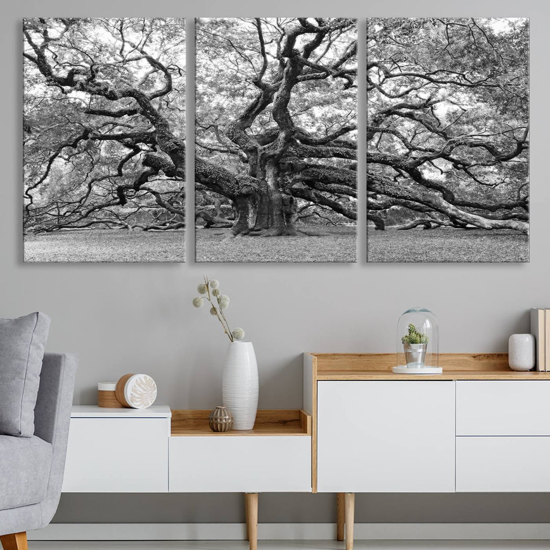 Black White Angel Oak Tree Wall Art - Timeless Nature-Inspired Canvas for Rustic, Modern, or Traditional Home Decor