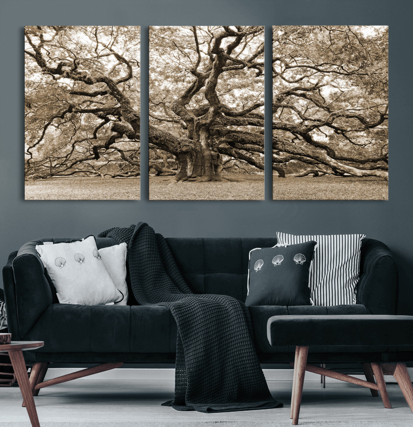 MGV-CV-60X30-3P - Sepia Framed Angel Oak Tree Wall Art - 3-Panel Canvas Prints, Large Green Nature Artwork, Ready to