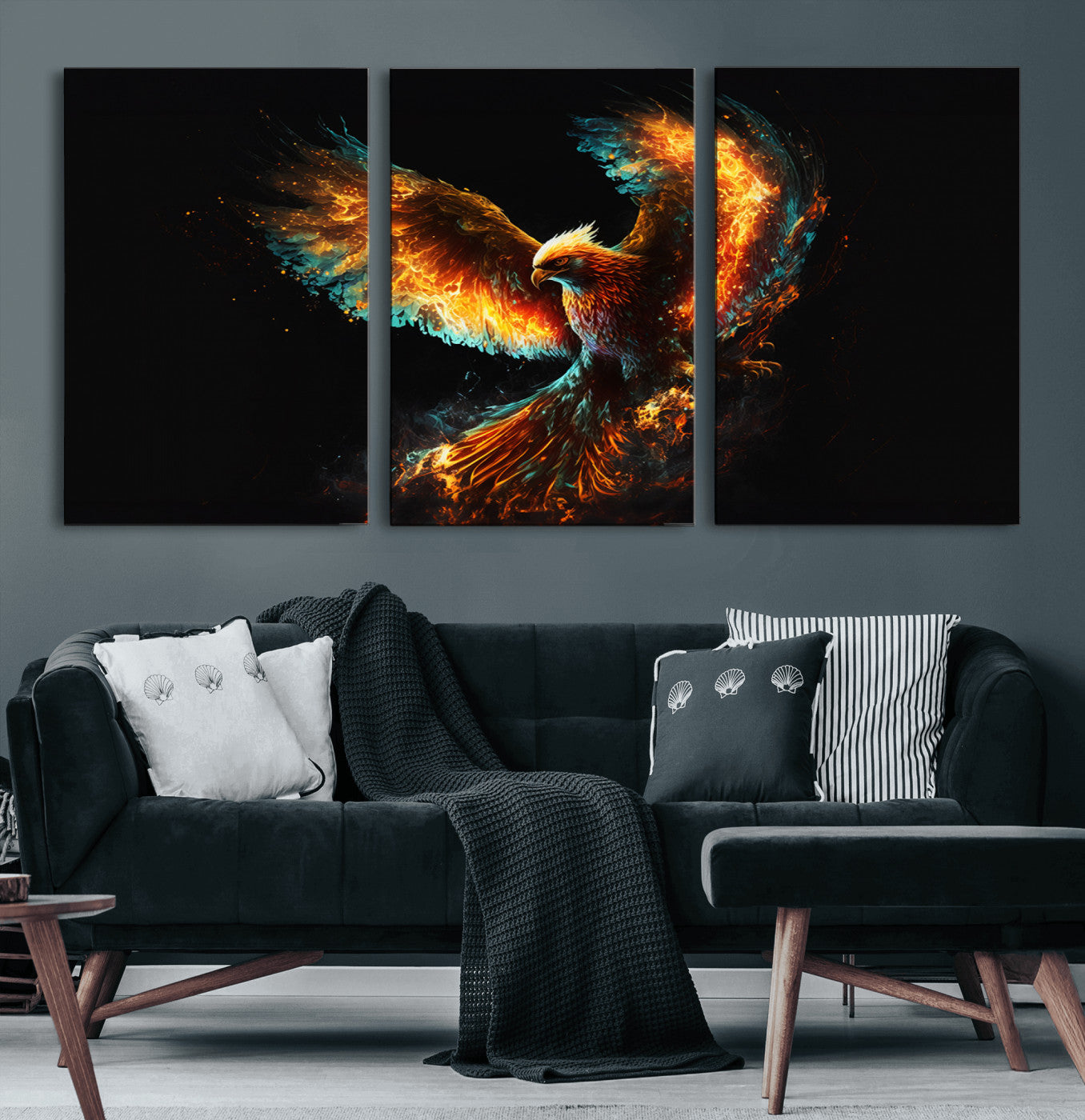 94554-MGV-CV-60X30-3P-Fiery Phoenix Canvas Print | Ready to Hang Wall Art | Bold Fantasy Decor for Living Room | Majestic