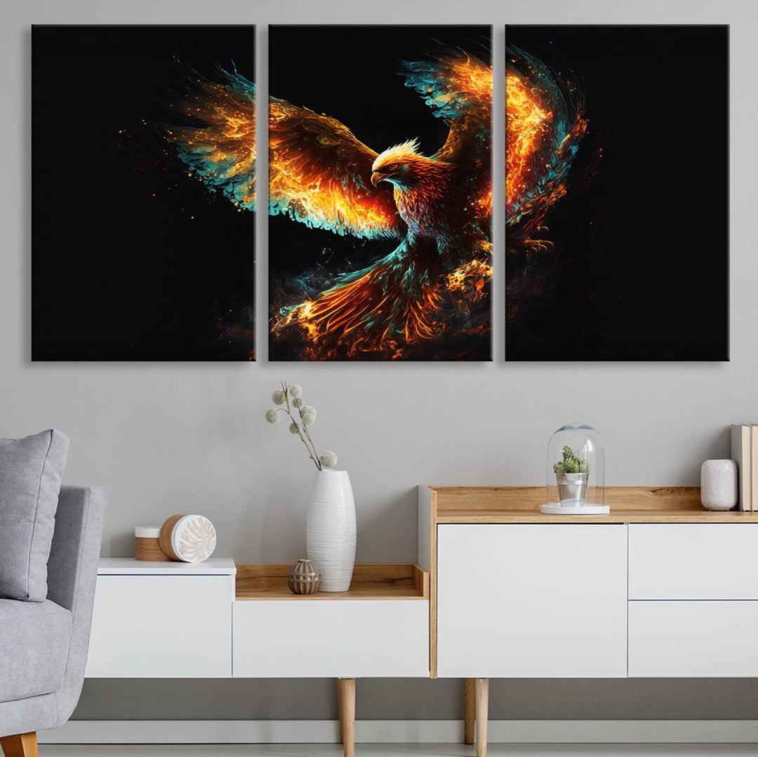 Fiery Phoenix Canvas Print | Ready to Hang Wall Art | Bold Fantasy Decor for Living Room | Majestic Bird Artwork