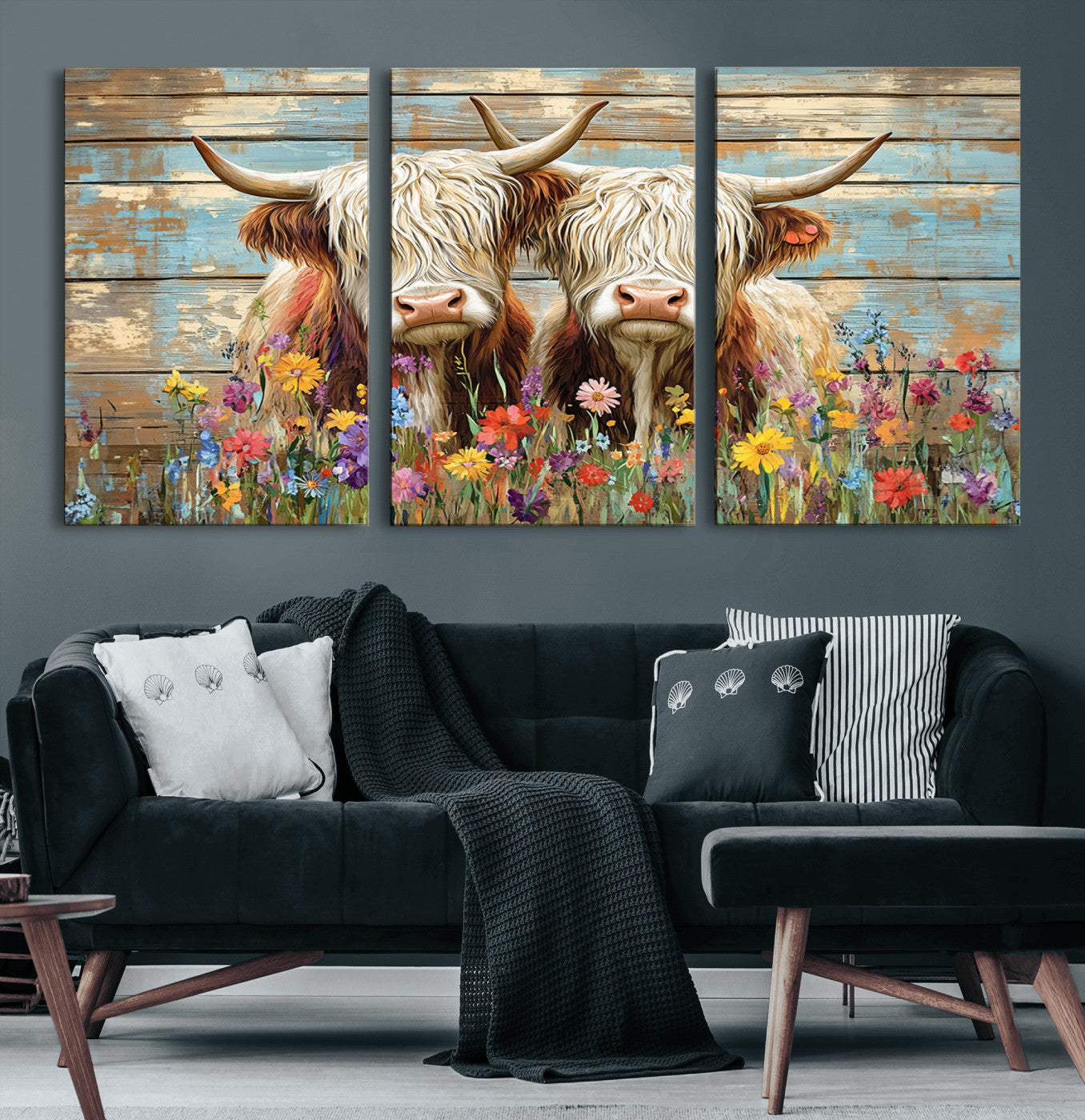 36972-MGV-CV-60X30-3P-Cute Highland Cow Canvas Wall Art - Rustic Farmhouse Decor with Colorful Flowers Perfect Wall Art