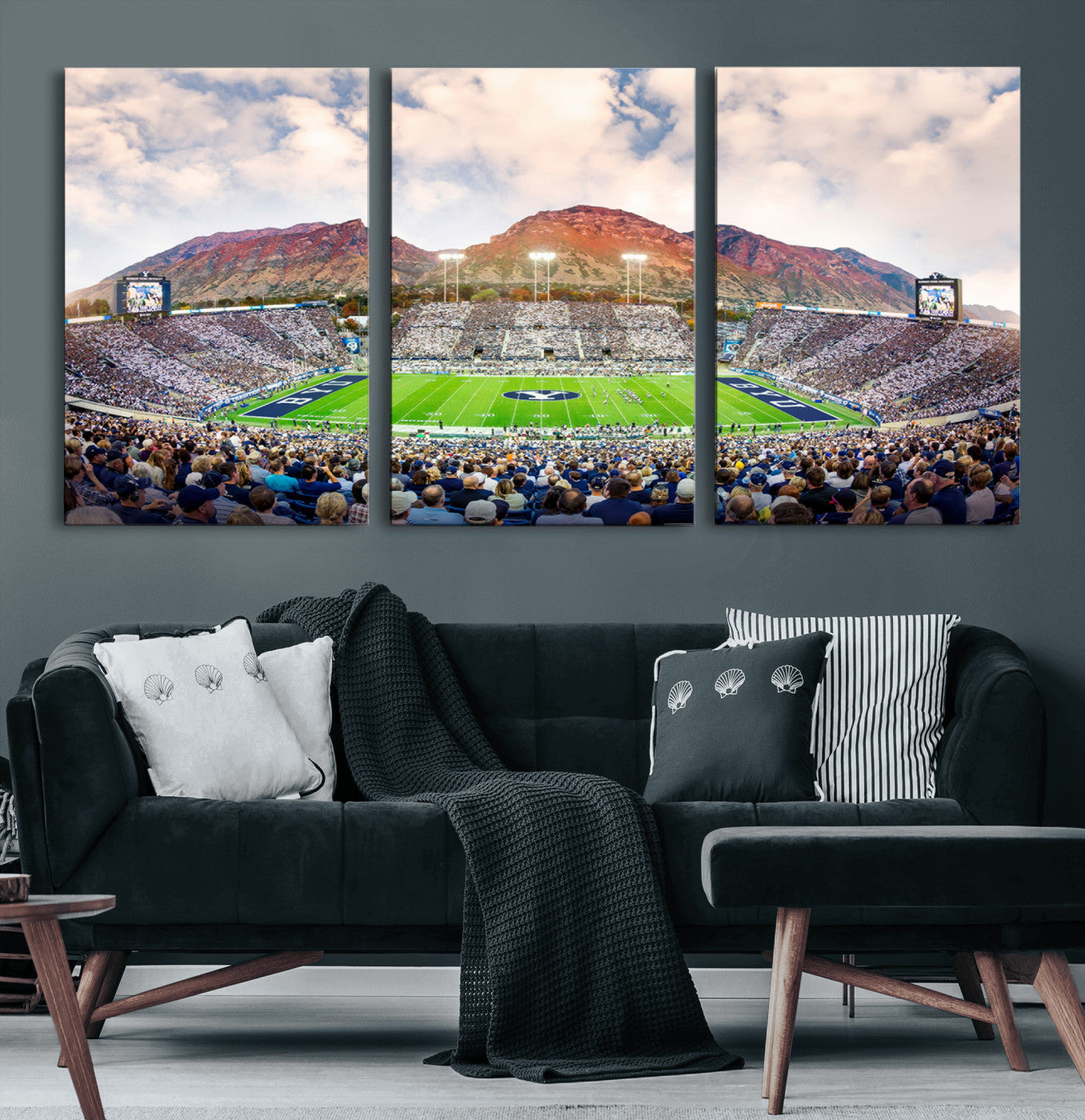 85734-MGV-CV-60X30-3P-Brigham Young University Cougars Football Team Print - Provo LaVell Edwards Stadium Wall Art Canvas
