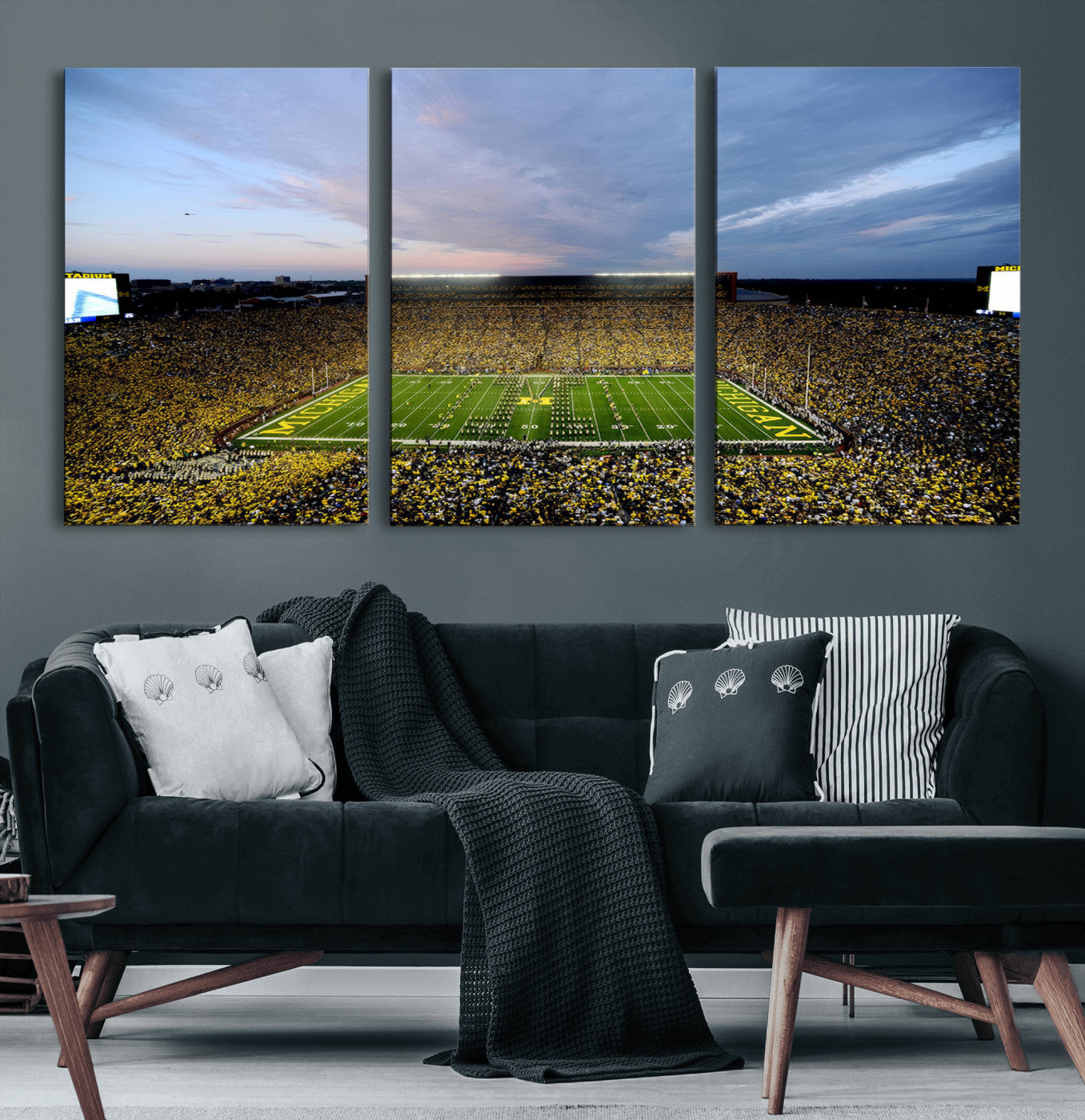 82641-MGV-CV-60X30-3P - Michigan Stadium Wall Art Canvas Print, Vibrant Game Day Crowd and Sunset Sky Football Field Artwork for Home, Office