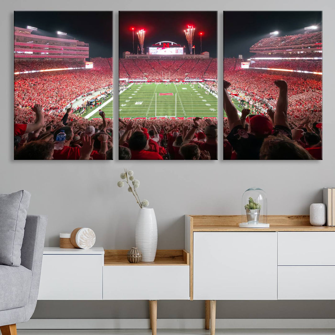 The University of Nebraska Cornhuskers Football Team Print, a vibrant three-panel canvas depicting Lincoln Memorial Stadium filled with enthusiastic fans from the end zone perspective, features a gallery-quality finish.