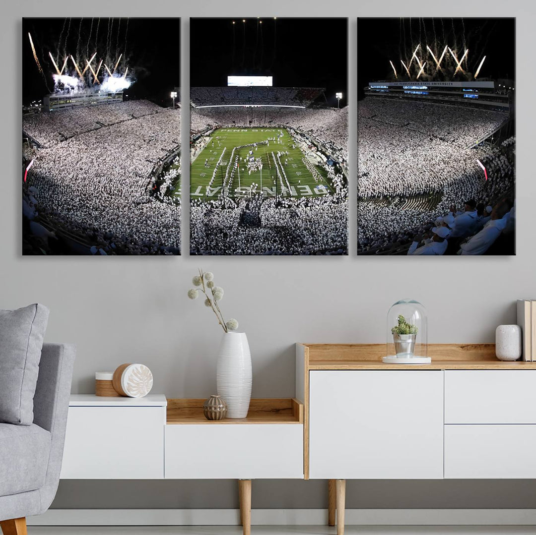 Wide-angle print of a packed stadium with fireworks, ideal gallery-quality wall art - Penn State Nittany Lions Canvas.