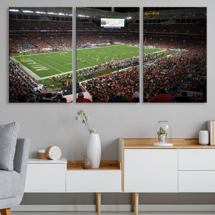 Aerial view of a Miami Hurricanes game at Hard Rock Stadium captured on canvas print, showcasing the teams on the field and fans in the stands.