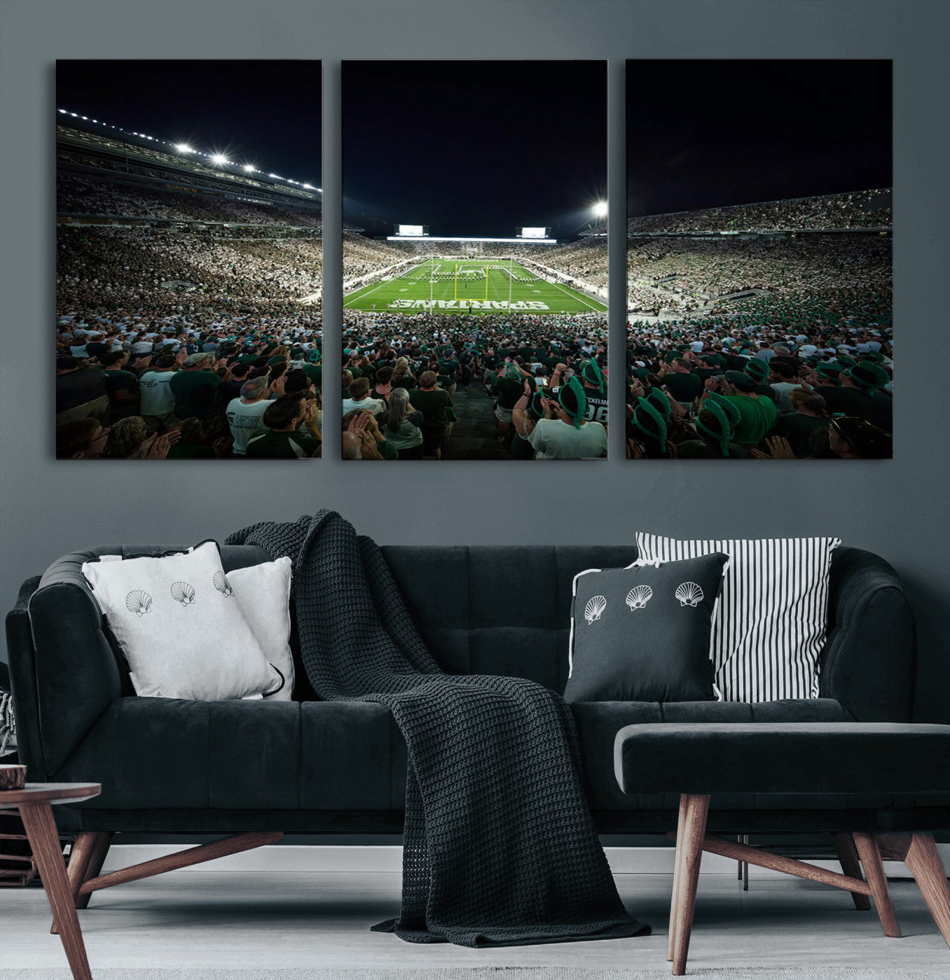 57523-MGV-CV-60X30-3P-Framed Michigan State Spartans Football Team Print - East Lansing Spartan Stadium Wall Art Canvas
