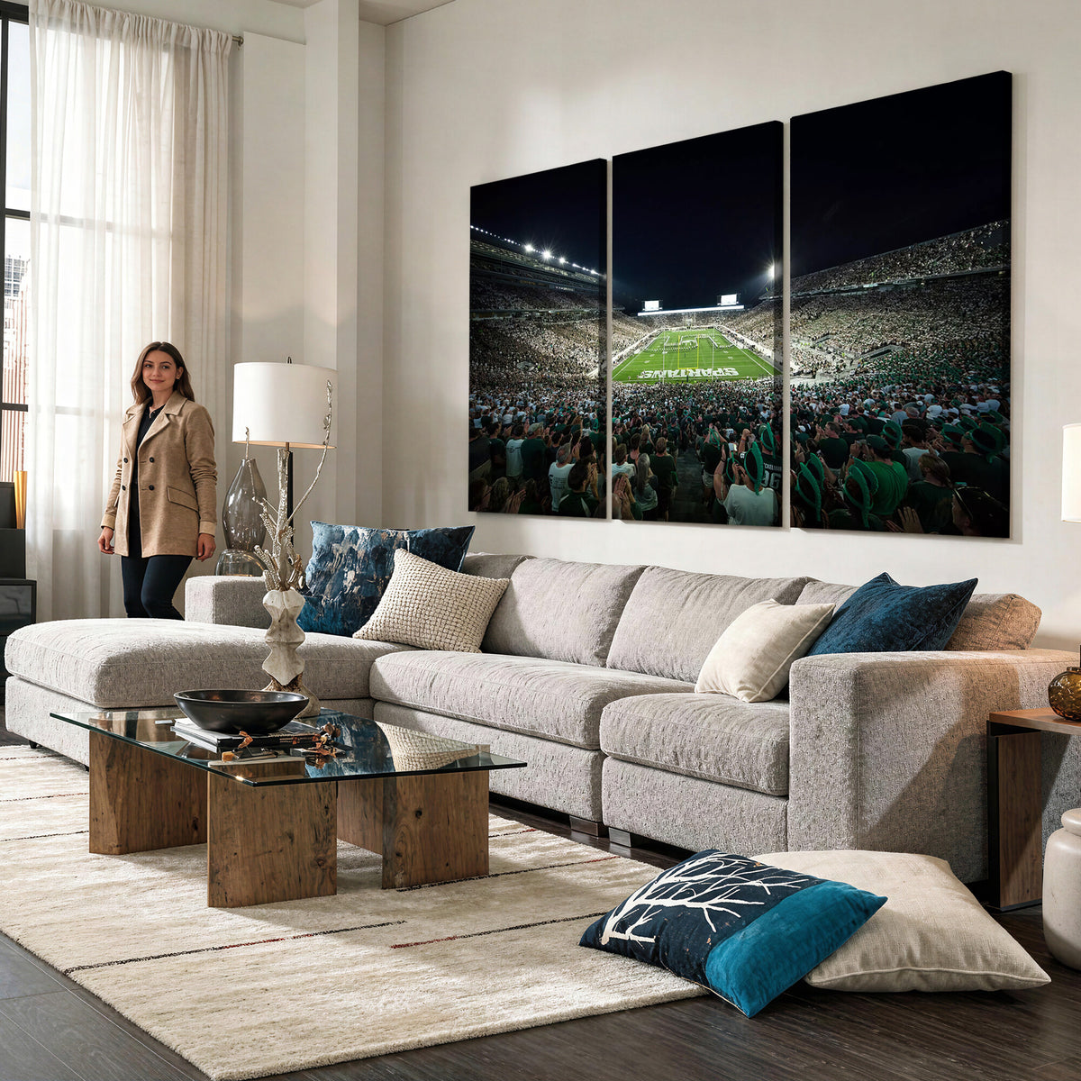 57523-PAN-FL-20X10 - Framed Michigan State Spartans Football Team Print - East Lansing Spartan Stadium Wall Art Canvas
