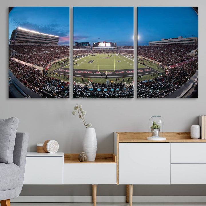 The wall art in the living room features a Texas Tech Red Raiders Football Team Print, showcasing Jones AT&T Stadium at dusk.