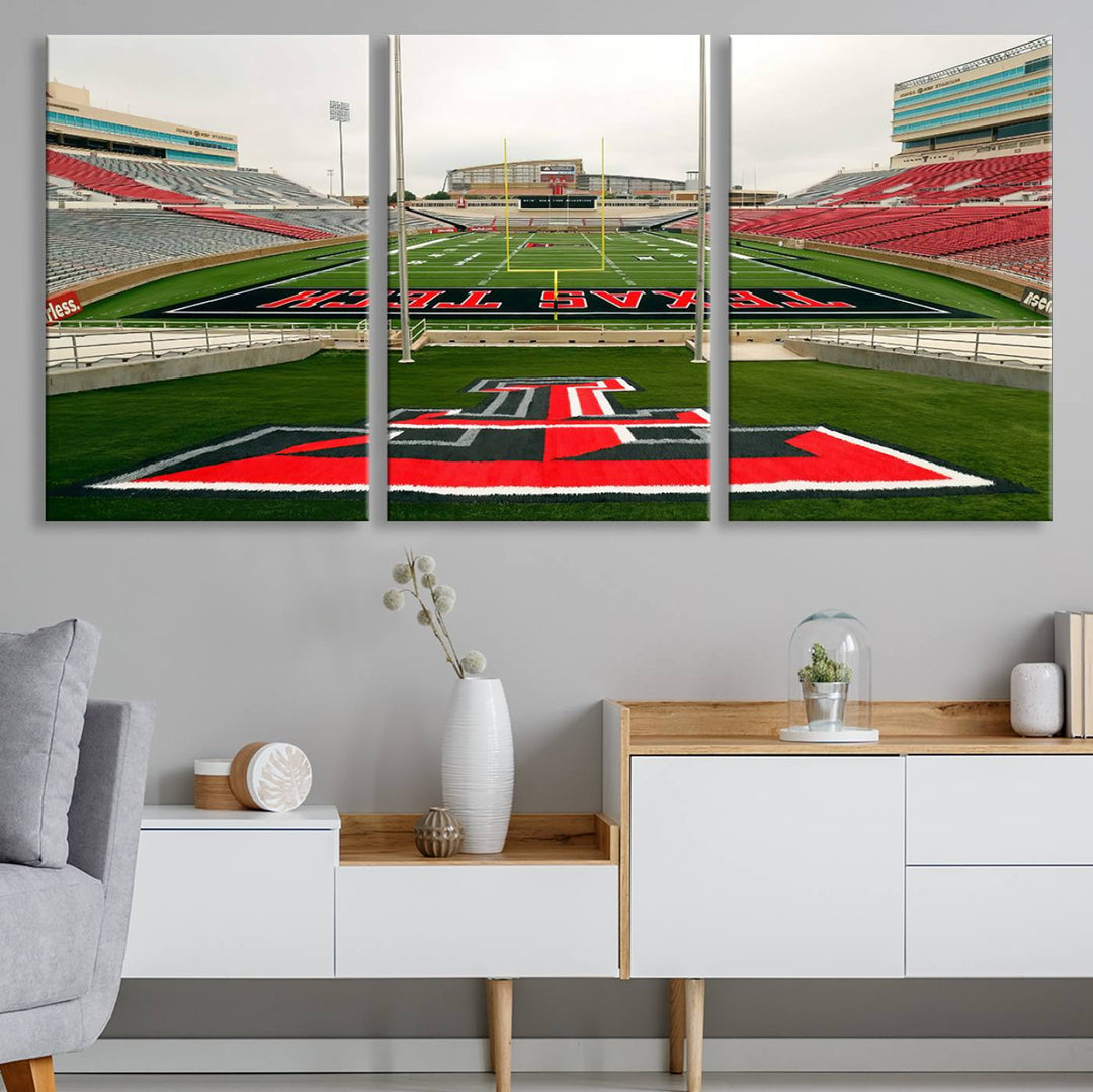 Gallery-quality print of Lubbock Jones AT&T Stadium featuring the Texas Tech Red Raiders field, highlighted by red and gray bleachers.