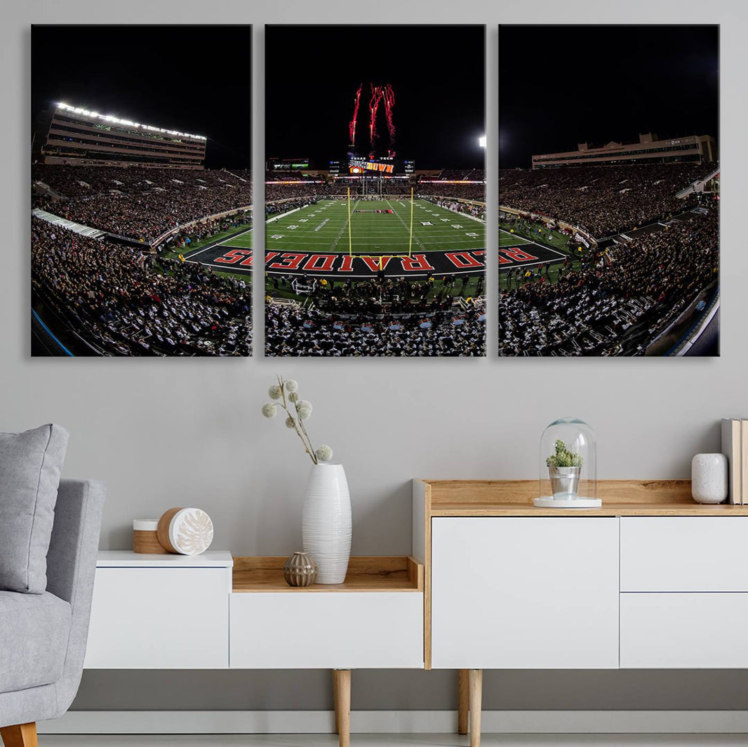 The wall features a Texas Tech Red Raiders Football Team Print on canvas, showcasing fireworks over a packed stadium at night.