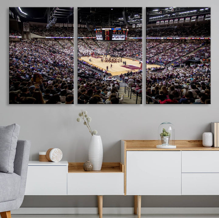 The Nebraska Basketball Arena Wall Art Canvas features an arena filled with Cornhuskers fans and players beneath a scoreboard.