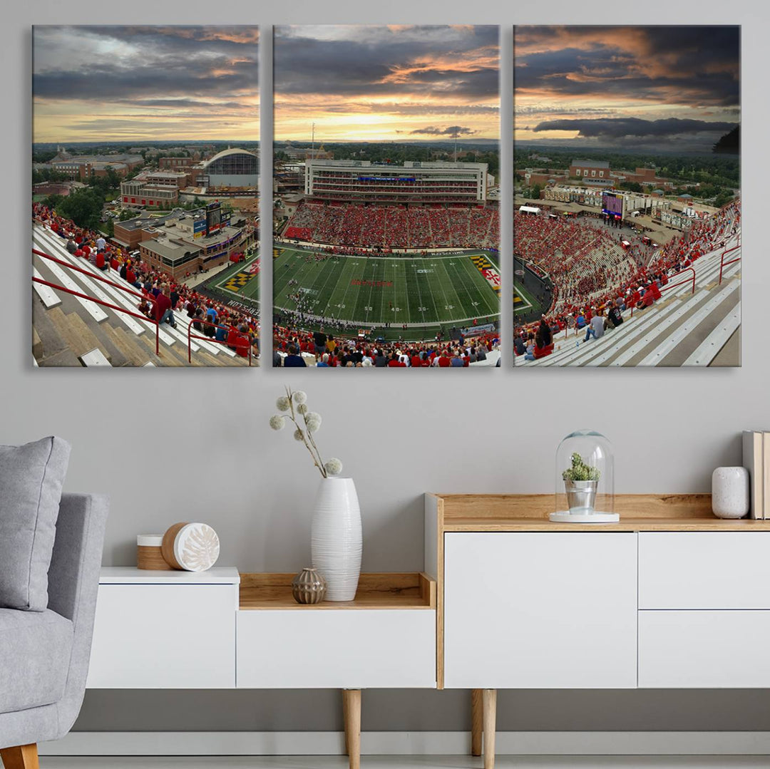 The University of Maryland Terrapins Football Team Print features SECU Stadium at sunset with vibrant skies.