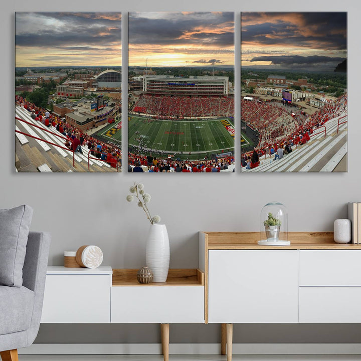 The University of Maryland Terrapins Football Team Print features SECU Stadium at sunset with vibrant skies.