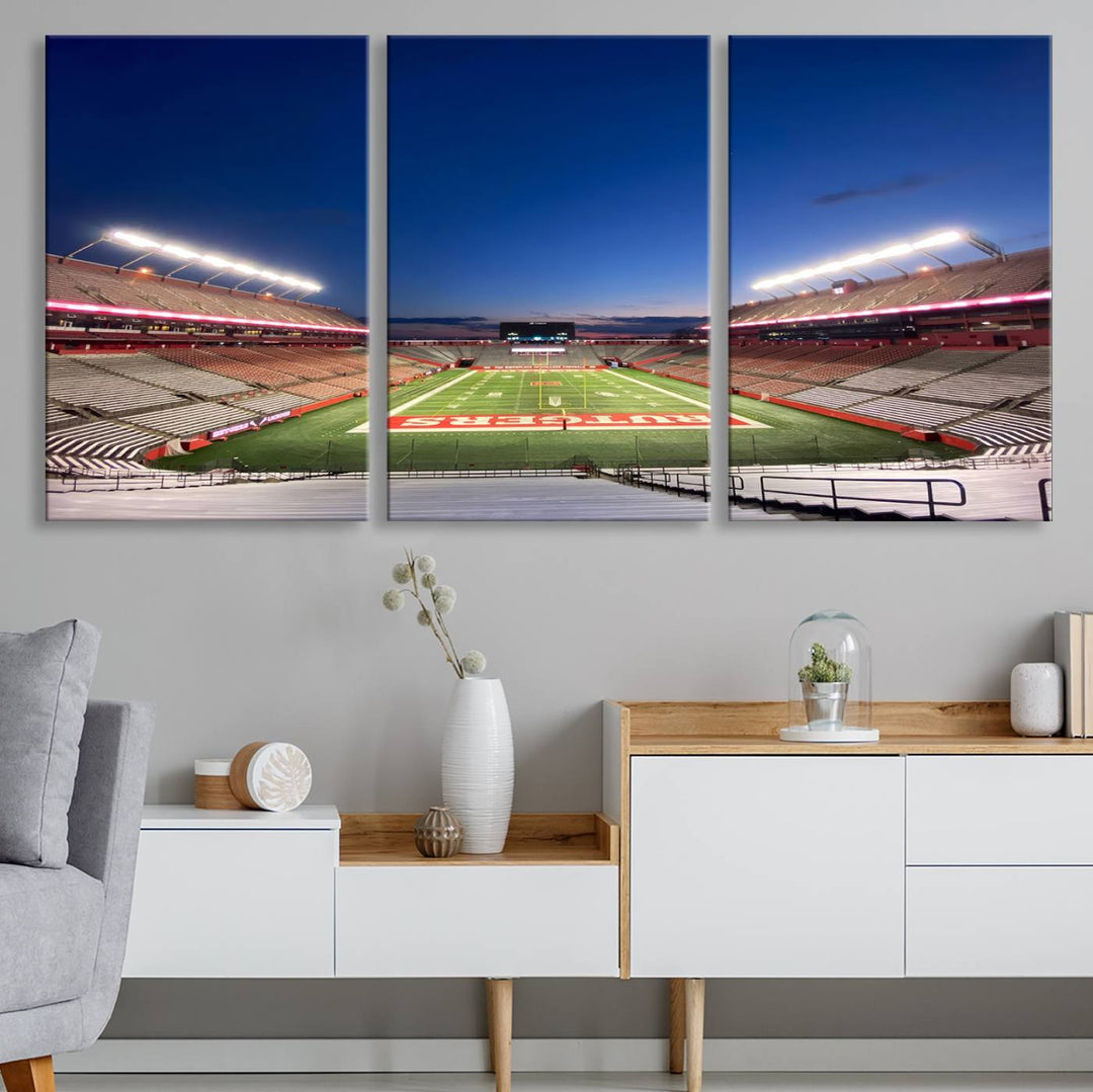 A large SHI Stadium at dusk, ideal for a Rutgers Scarlet Knights Football Team canvas print.