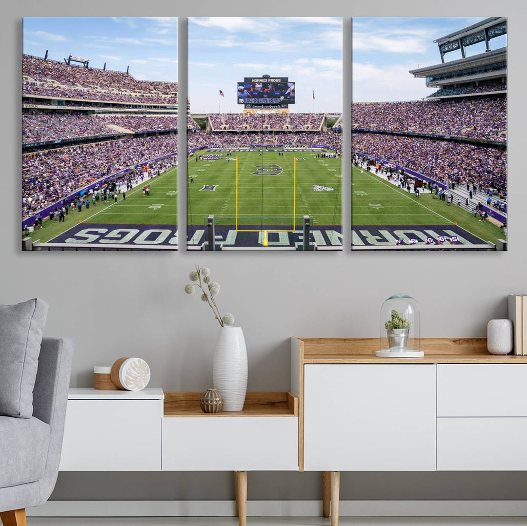 The TCU Horned Frogs print portrays a vibrant Amon G. Carter Stadium, filled with energy and game action.