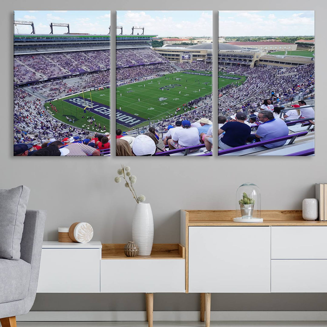 Amon G. Carter Stadium wall art canvas showcasing the TCU Horned Frogs and packed stands at Fort Worth.