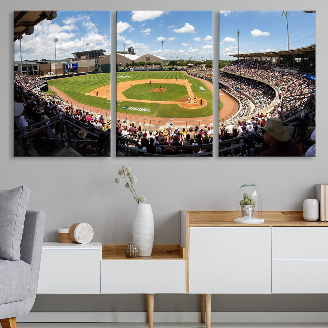 A baseball stadium under a blue sky, capturing the energy of The Texas A&M Aggies Athletics Kyle Field Wall Art.