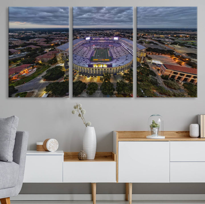 The LSU Tigers Football Team Baton Rouge Tiger Stadium Canvas is displayed prominently, capturing attention with its vivid depiction of the iconic stadium.