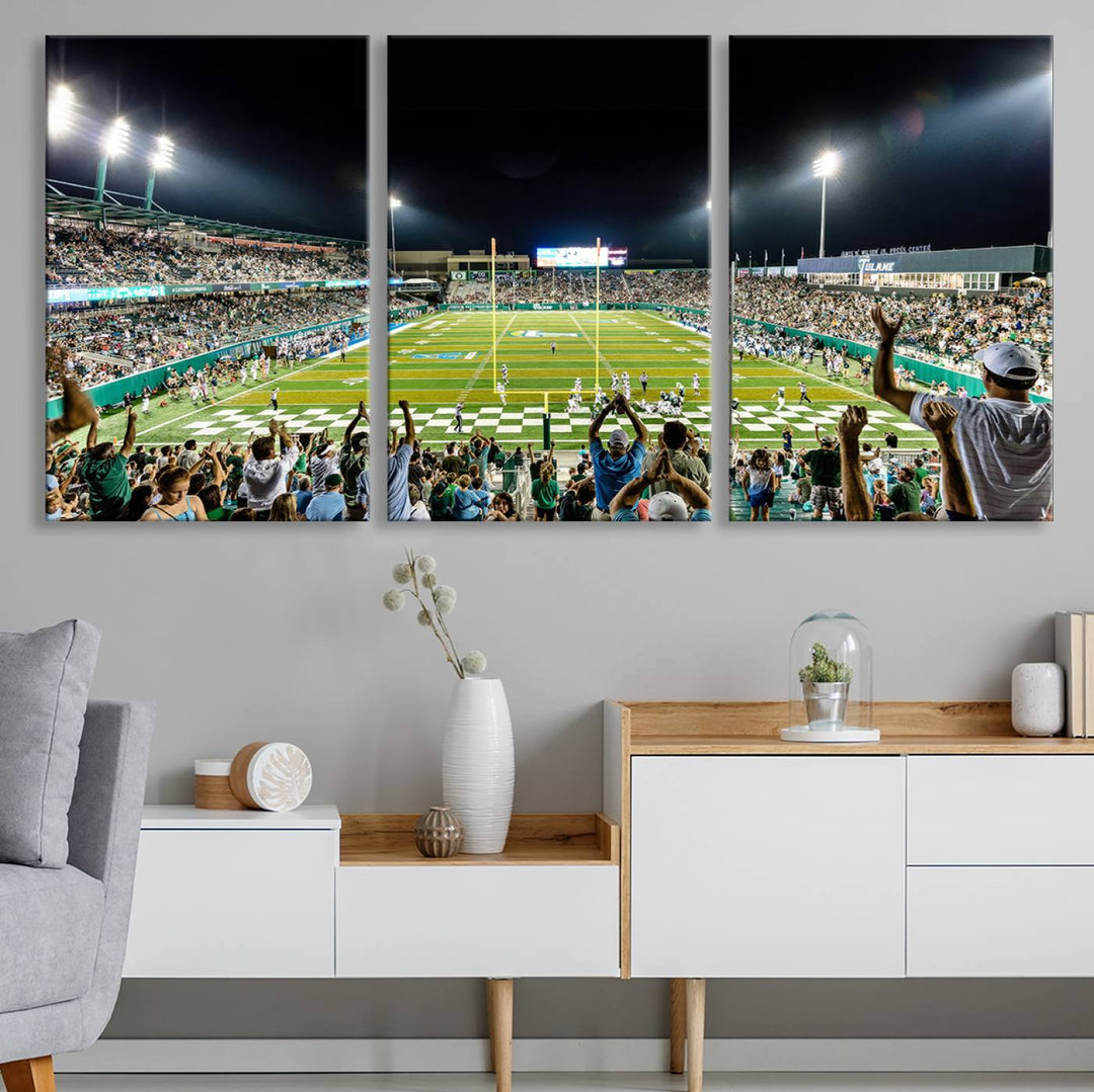 This vibrant wall art canvas print captures the excitement of fans cheering for the Tulane Green Wave Football Team under the lights of Yulman Stadium.