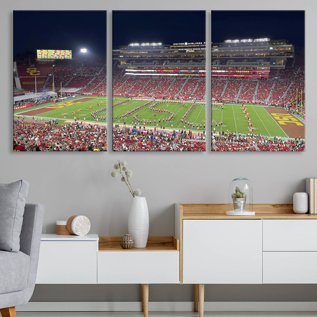 Canvas print depicting a packed stadium at night with a marching band forming USC, celebrating the Trojans at Los Angeles Memorial Coliseum.