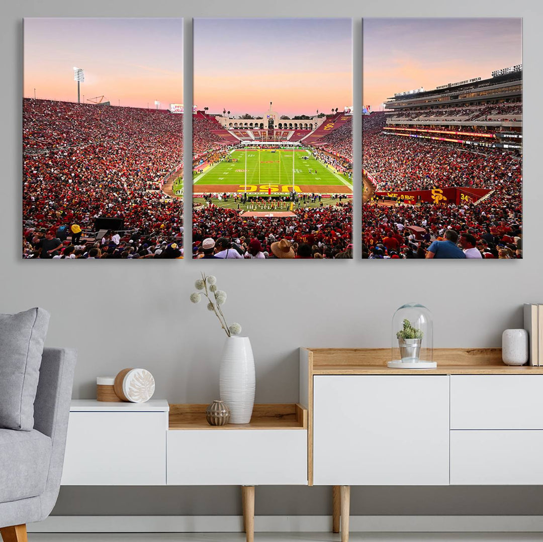 A USC Trojans wall art canvas print highlights the scene, depicting the Coliseum Stadium at sunset.