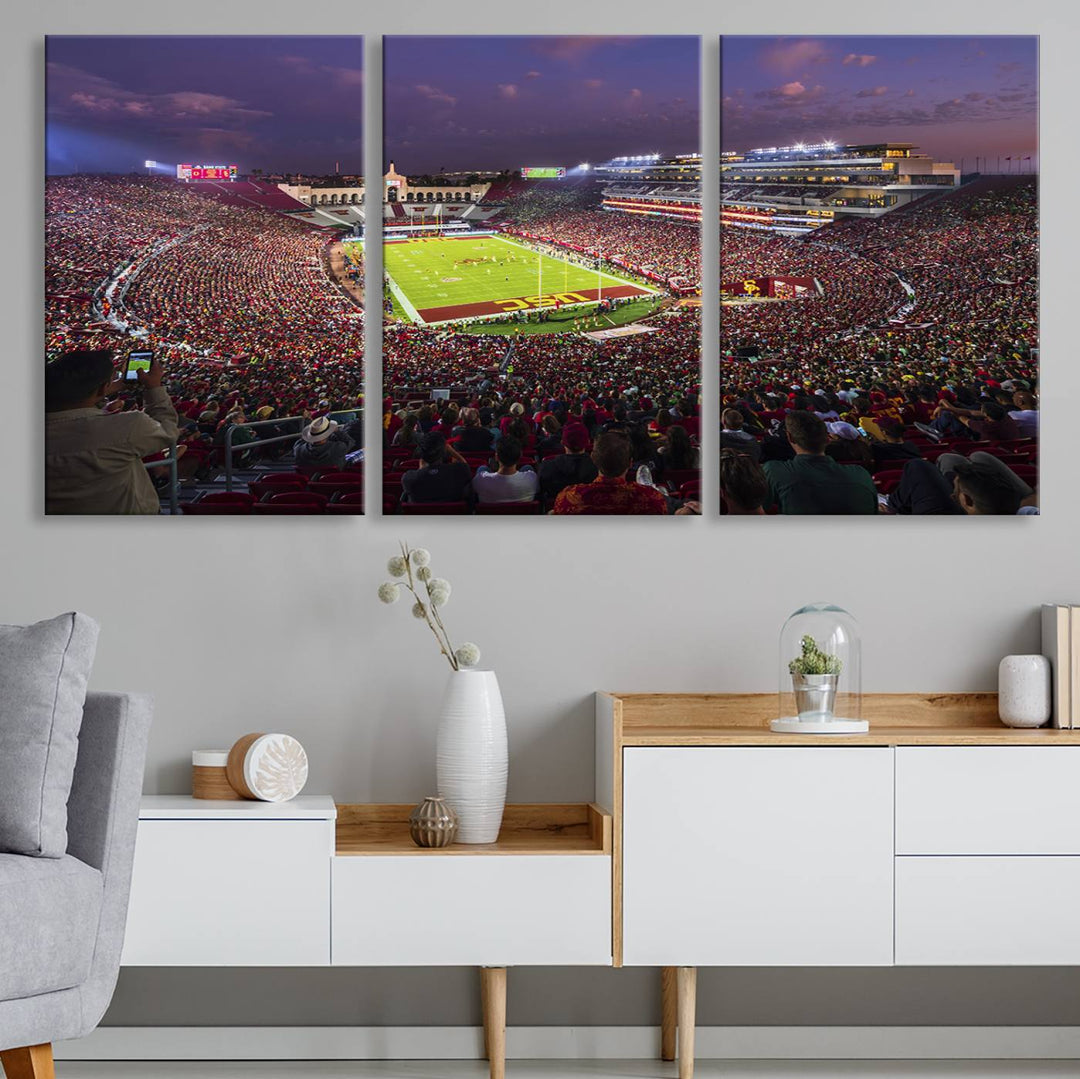 The vibrant wall art canvas print captures the USC Trojans playing under lights at dusk in LA Memorial Coliseum.