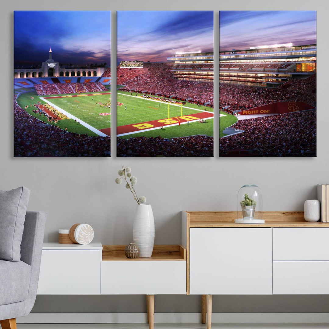 A vibrant painting of fans cheering for The University of Southern California USC Trojans under bright stadium lights.