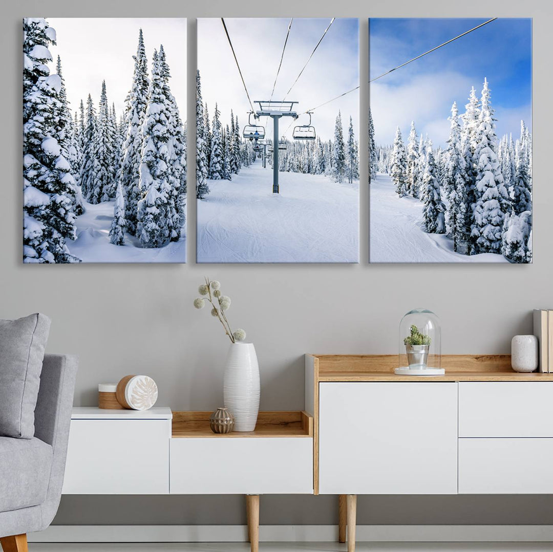 Winter Ski Lift Landscape Wall Art | Snowy Mountain Adventure | Framed and Ready to Hang | Perfect for Cabin Wall Art, Farmhouse Decor