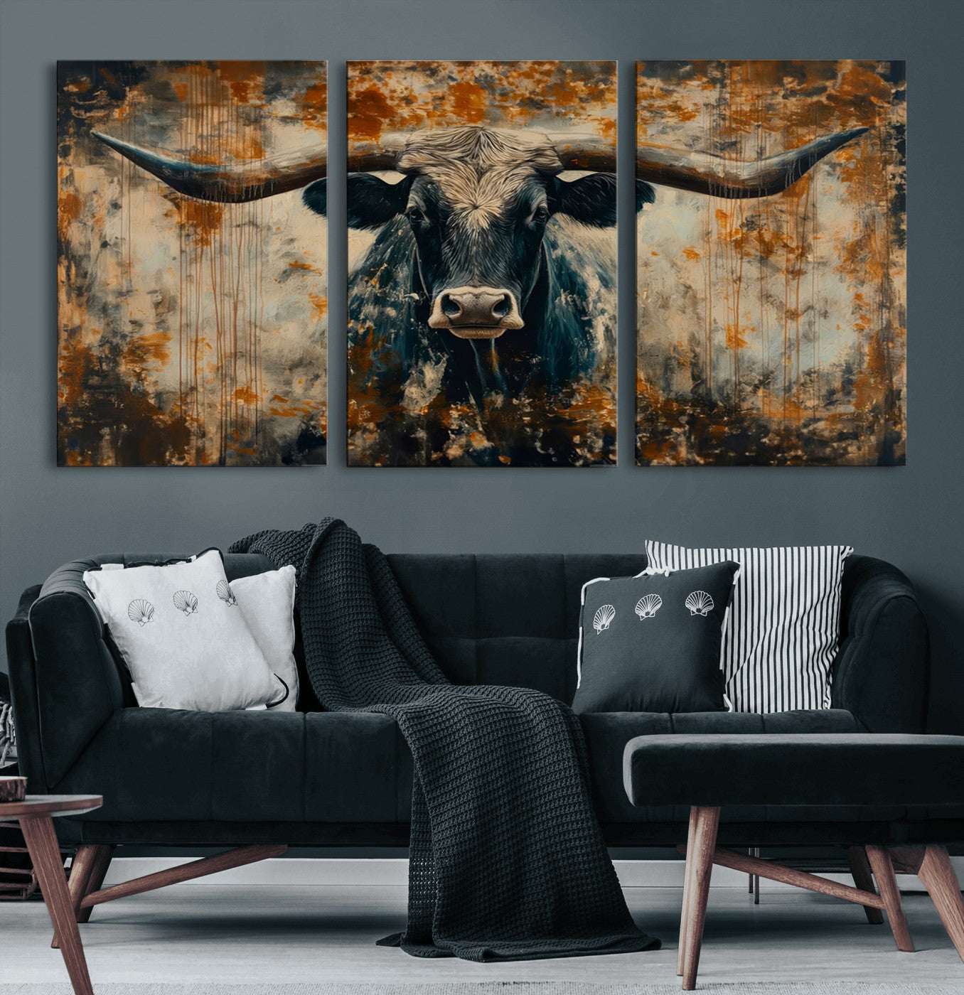 MGV-CV-60X30-3P - Abstract Longhorn Bull Wall Art | Rustic Western Wall Decor | Framed and Ready to Hang | Ideal for