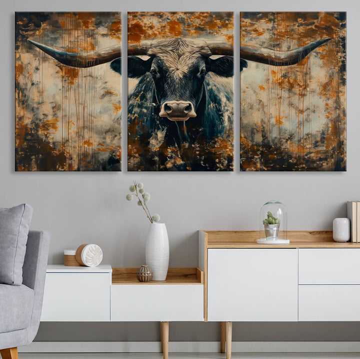 Abstract Longhorn Bull Wall Art | Rustic Western Wall Decor | Framed and Ready to Hang | Ideal for Farmhouse, Lodge, and Barn Decor