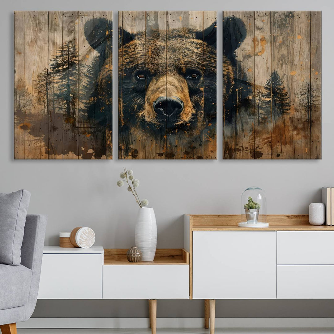 The Abstract 399 Bear Wall Art, featuring a rustic cabin theme with forest design, is framed and ready to hang. It's ideal for lodge, cabin, and barn decor and perfectly complements the nature lover's aesthetic.