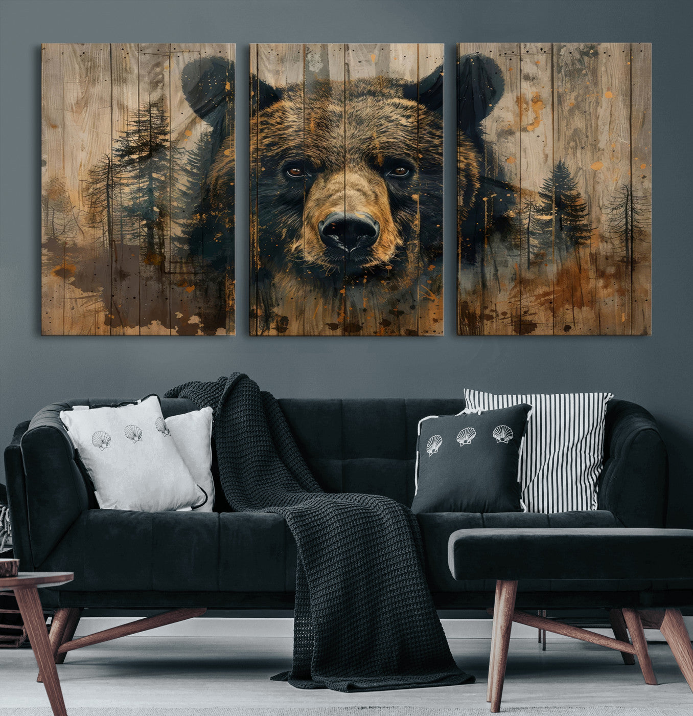 MGV-CV-60X30-3P - Abstract 399 Bear Wall Art | Rustic Cabin Wall Decor with Forest Design | Framed and Ready to Hang |