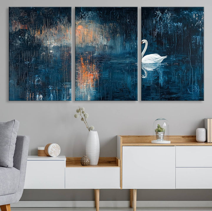 Abstract Swan Wall Art | Moody Blue and Orange Swan Painting on Canvas | Framed and Ready to Hang | Elegant and Modern Art for Living Room or Bedroom Decor