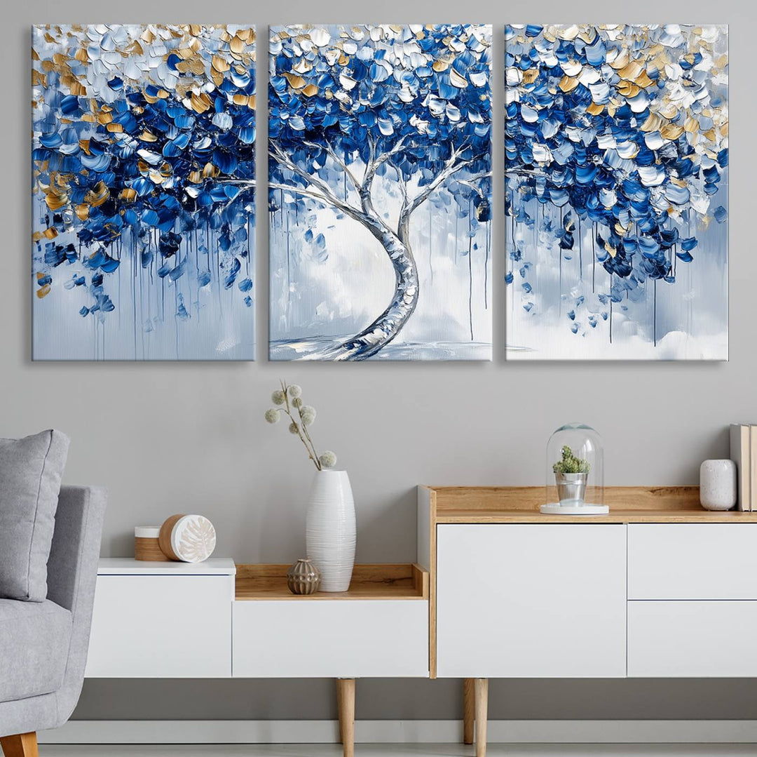 Elegant Blue and Gold Abstract Tree Wall Art | Textured Modern Tree of Life Painting | Framed Canvas Print | Ready to Hang for Dining Room Decor