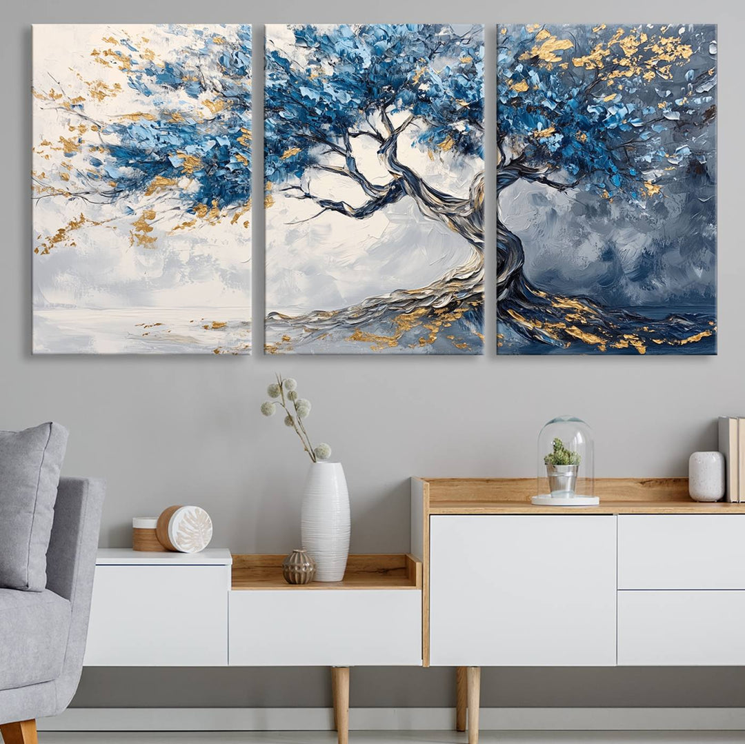 Elegant Abstract Tree Canvas Wall Art | Tree of Life Painting | Textured Art in Blue and Gold | Framed & Ready to Hang for Modern Living Room Decor