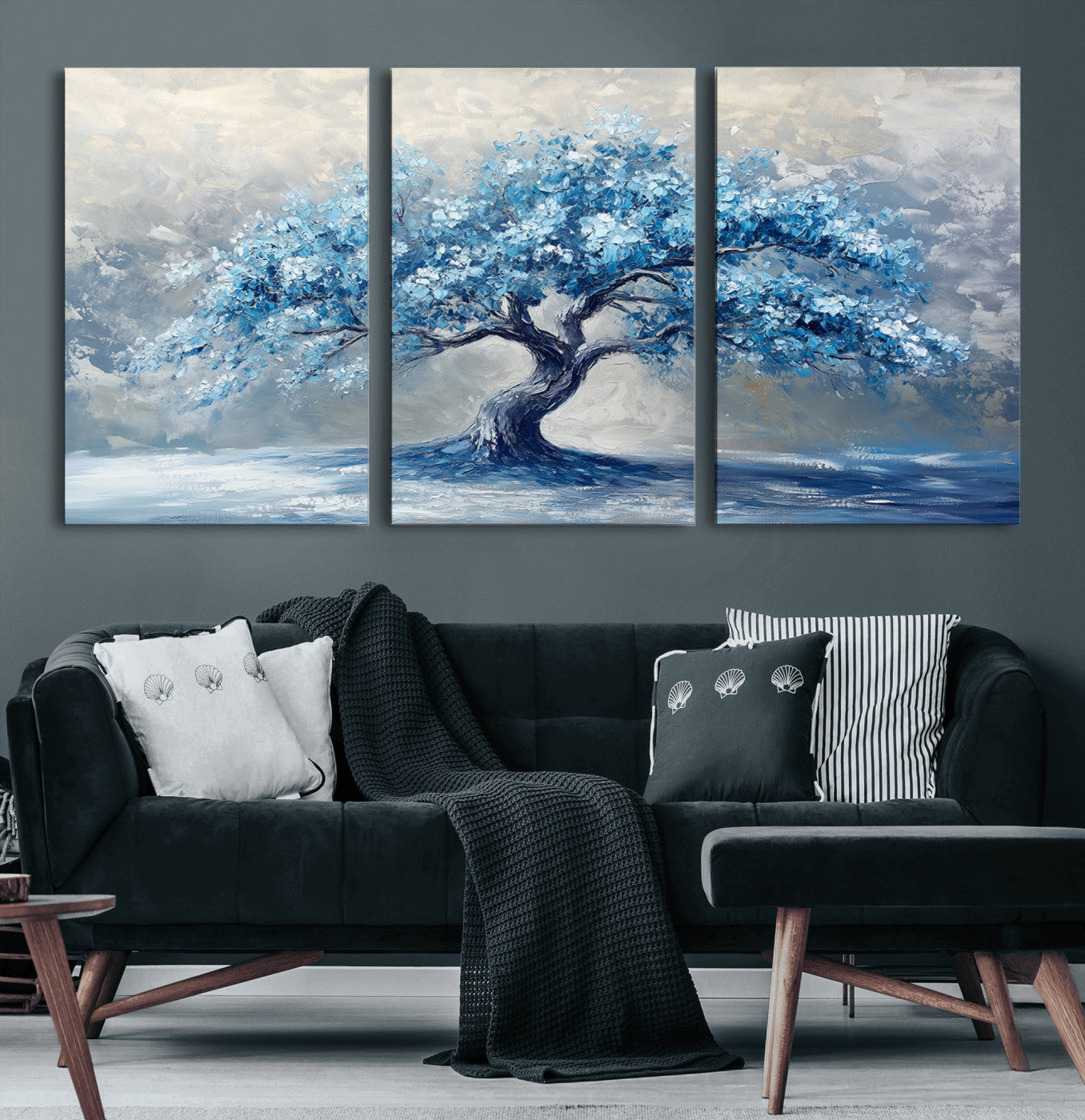 MGV-CV-60X30-3P - Abstract Blue Tree Art Canvas Print, Majestic Tree Wall Art Print for Farmhouse Decor