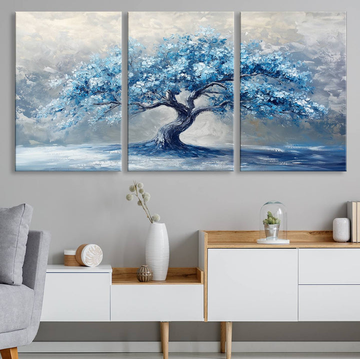 Serene Abstract Blue Tree Wall Art | Canvas Print of a Majestic Tree in Blue Hues | Perfect for Farmhouse, Coastal, and Modern Decor