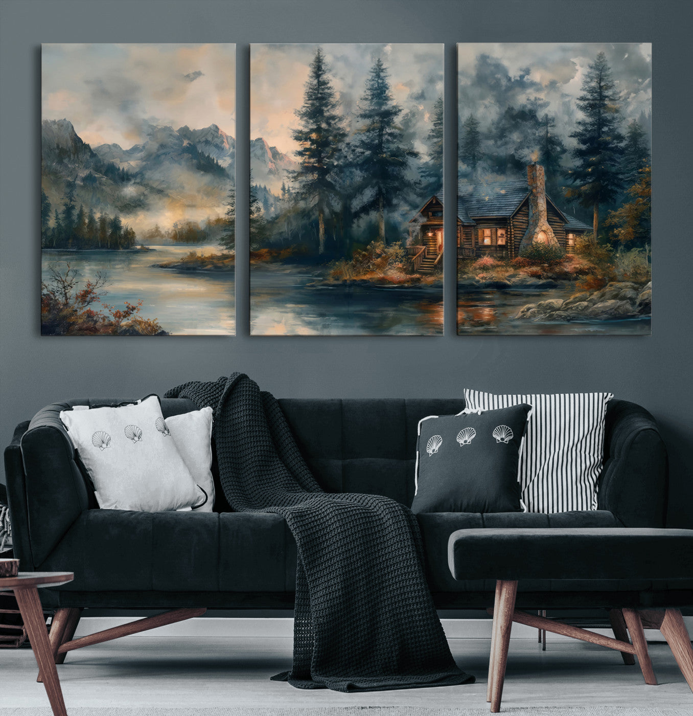 MGV-CV-60X30-3P - Rustic Cabin Woods Wall Art Print | Lake in a Forest Canvas Print | Cabin, Lodge, and Farmhouse
