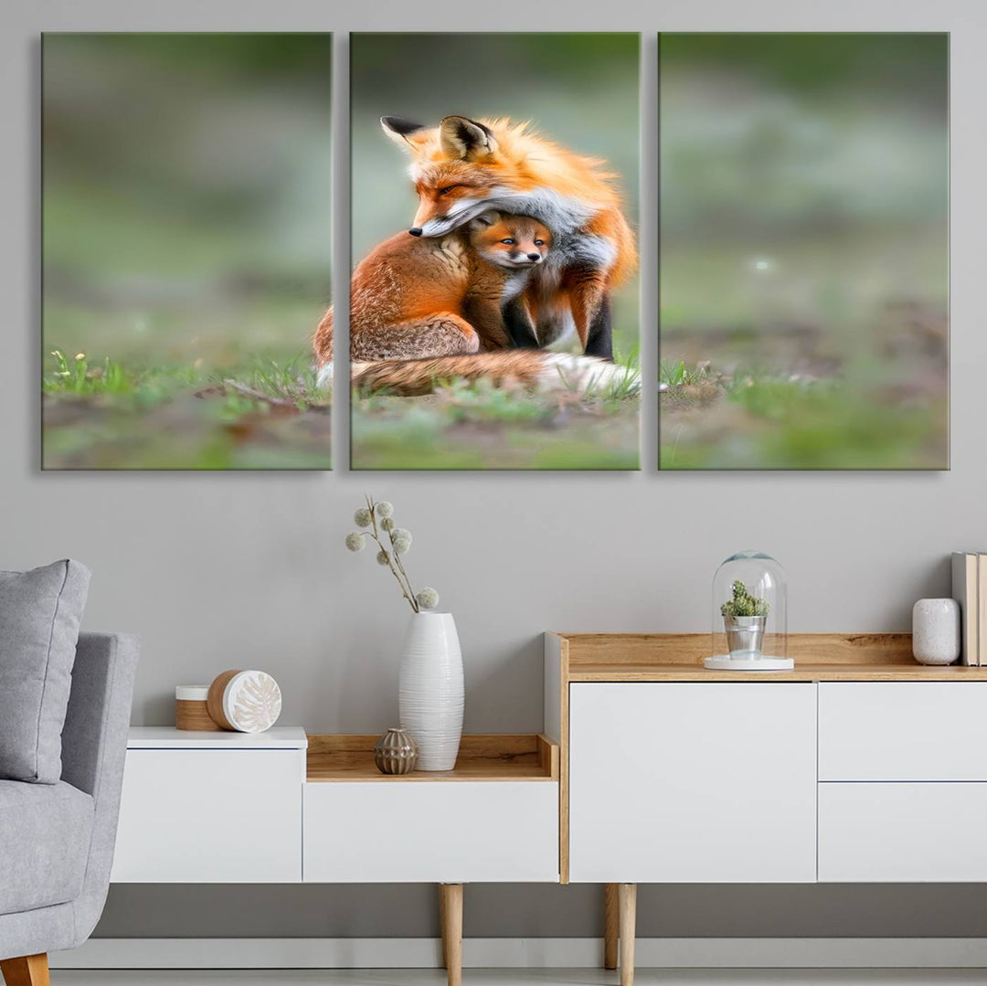 Heartwarming Fox and Baby Cub Wall Art | Ready to Hang Canvas Print of Foxes in Nature | Perfect for Animal Lovers, Rustic Decor, and Cabin Wall Art