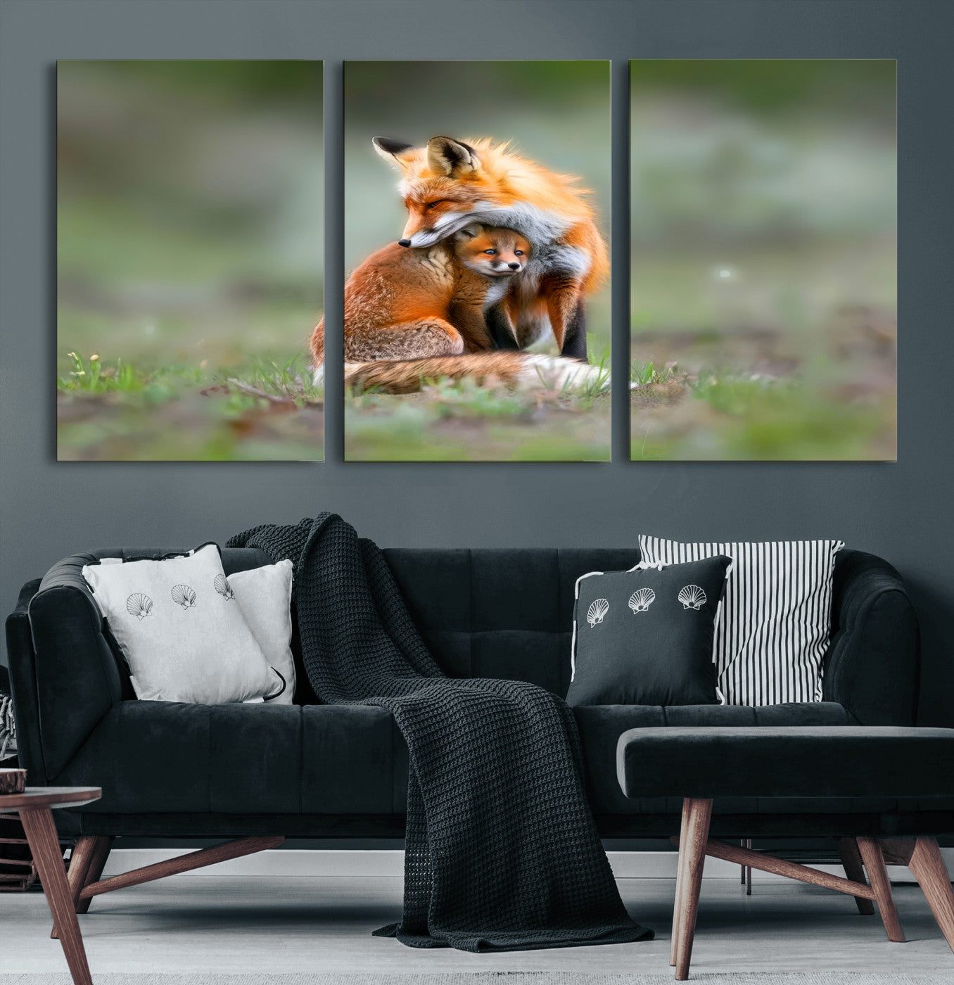 MGV-CV-60X30-3P - Heartwarming Fox and Baby Cub Wall Art | Ready to Hang Canvas Print of Foxes in Nature | Perfect for