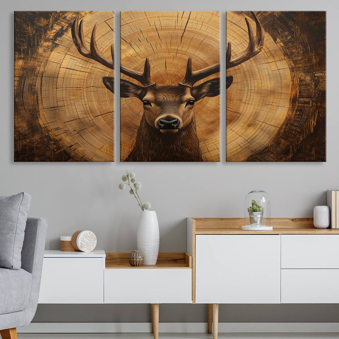 Deer Wall Art Canvas Print | Ready to Hang Canvas Print of a Stag with Rustic Tree Rings | Perfect for Farmhouse Wall Decor, Cabin Wall Art