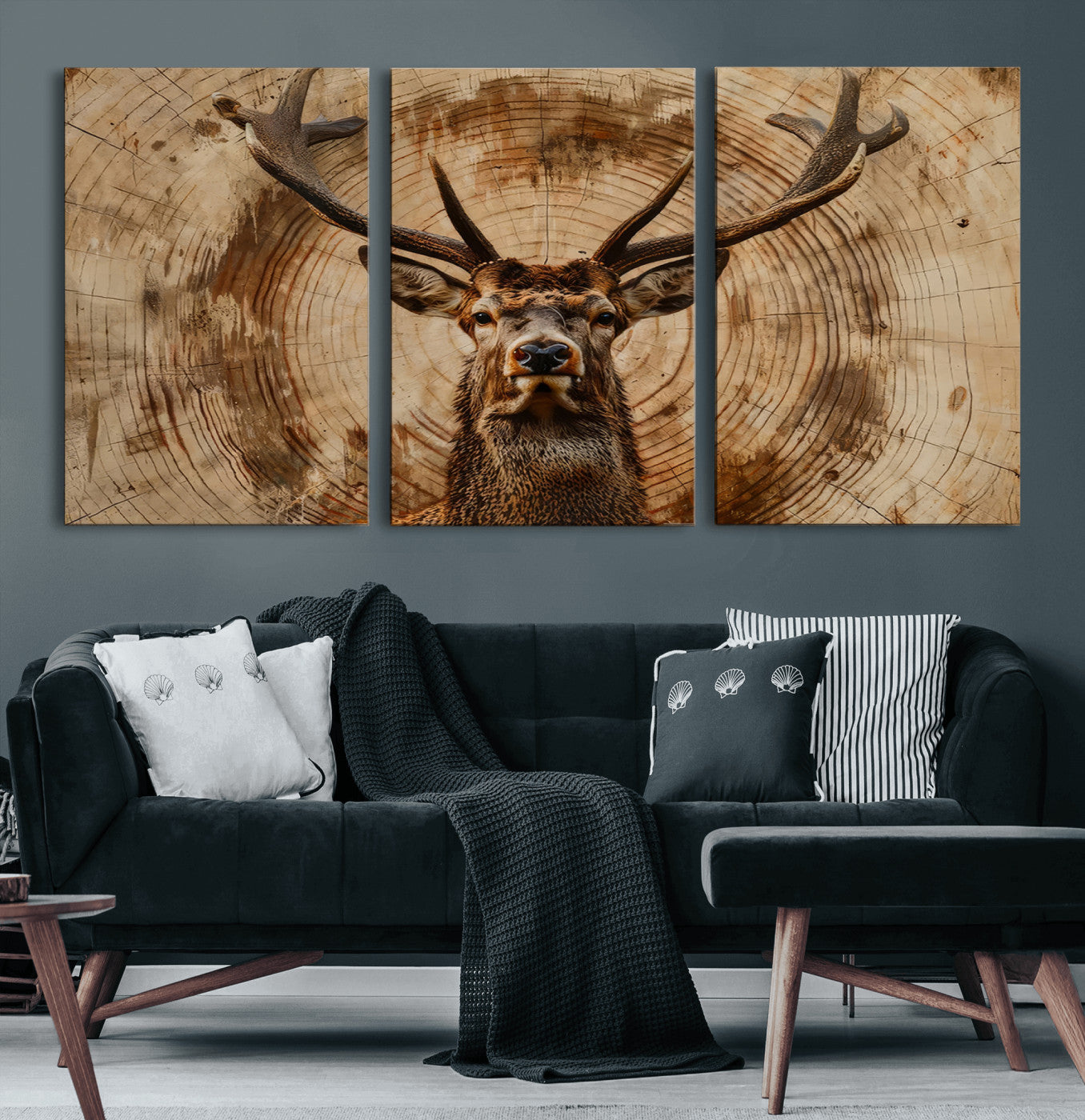 19375-MGV-CV-60X30-3P-Wood Abstract Deer Wall Art | Rustic Wildlife Canvas Print | Ready to Hang Stag Head Triptych for
