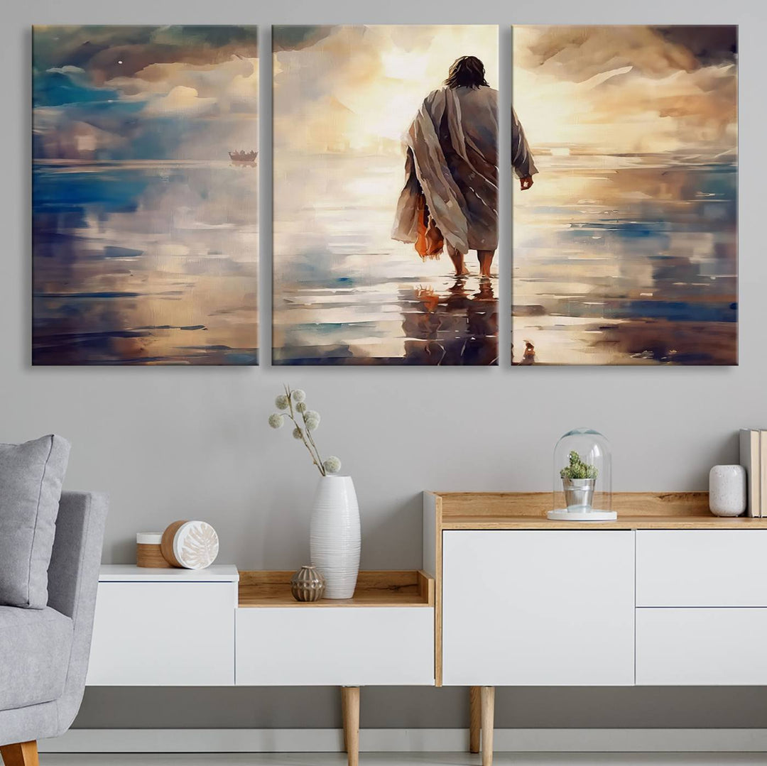 Jesus Walking on Water Wall Art | Ready to Hang Spiritual Triptych Canvas Print | Inspirational Christian Decor for Home or Church