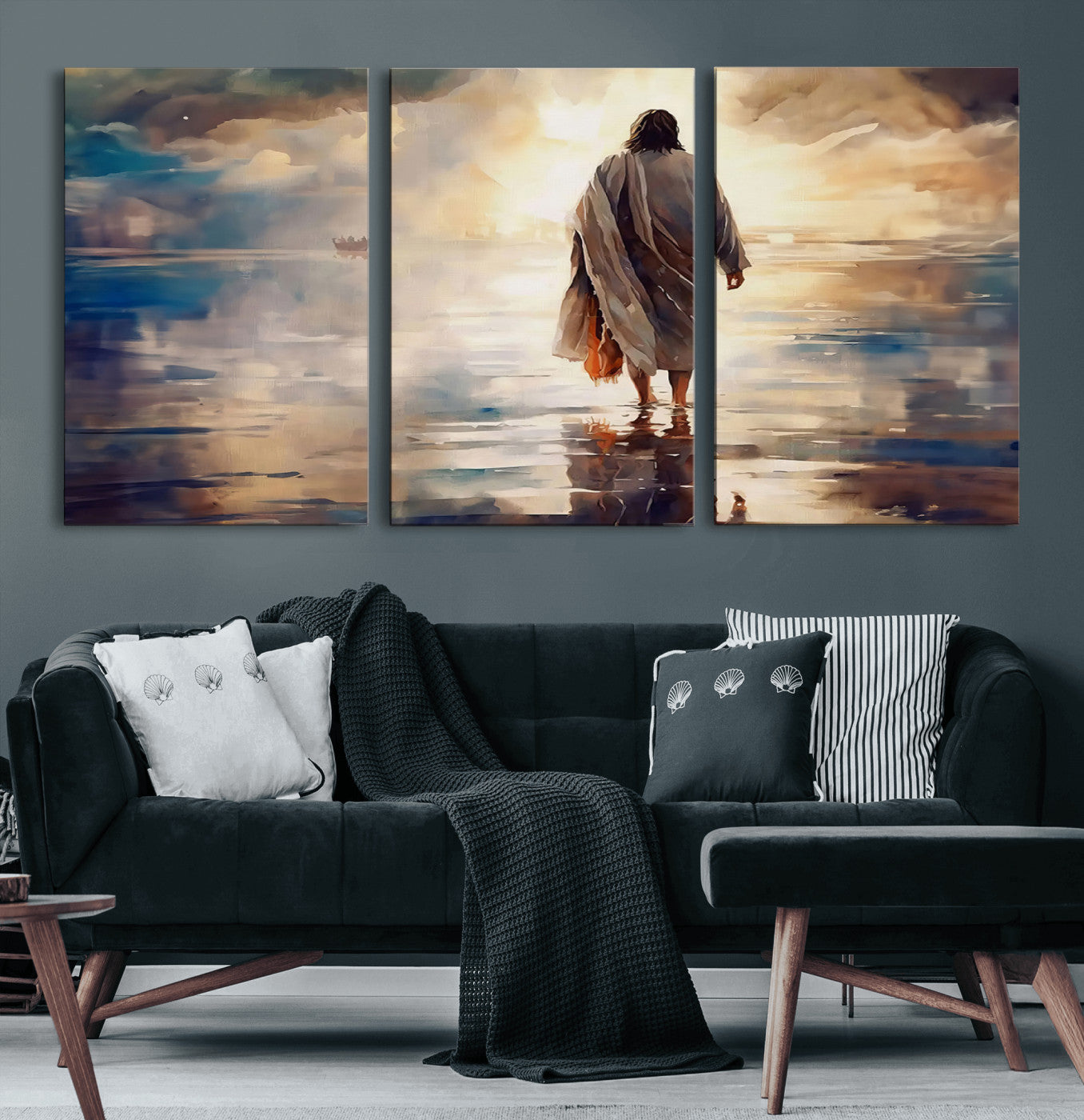MGV-CV-60X30-3P - Jesus Walking on Water Wall Art | Ready to Hang Spiritual Triptych Canvas Print | Inspirational