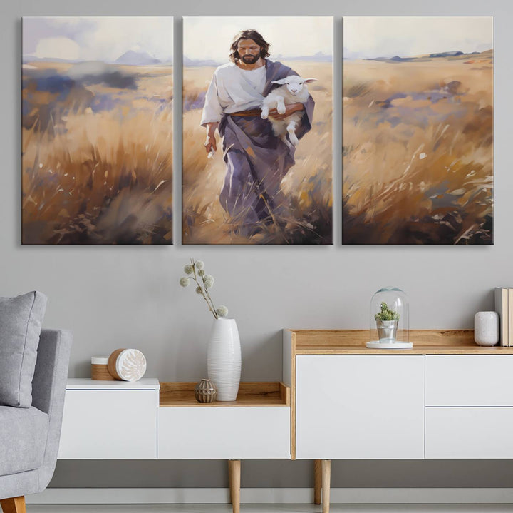 Jesus the Good Shepherd Wall Art Canvas Print - Lost Lamb  Print for Prayer Room Decor