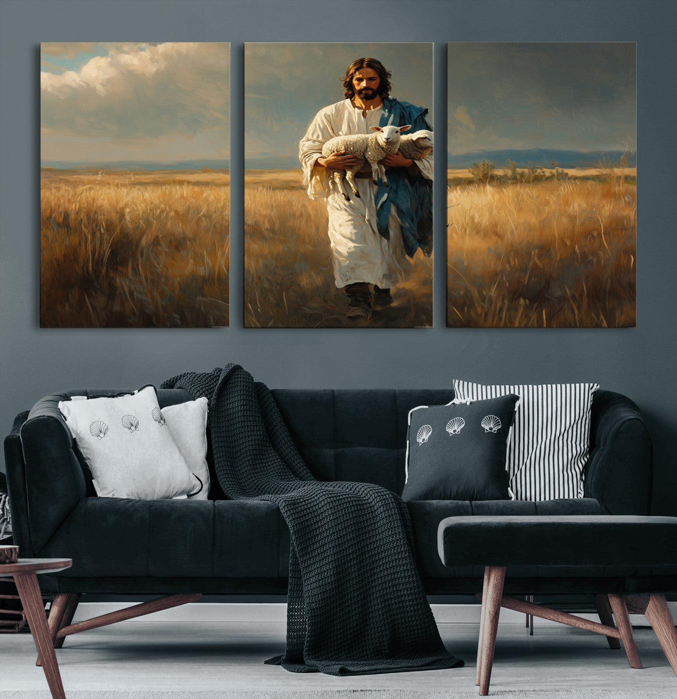 36769-MGV-CV-60X30-3P-Jesus Shepherd Wall Art | Ready to Hang Triptych Canvas of Jesus Holding a Lamb in a Field |