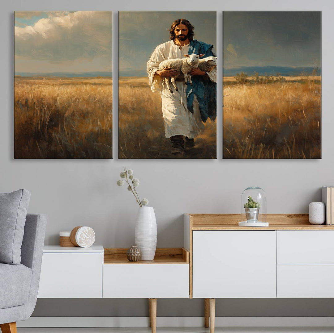 Jesus Shepherd Wall Art | Ready to Hang Triptych Canvas of Jesus Holding a Lamb in a Field | Inspirational Christian Decor for Home